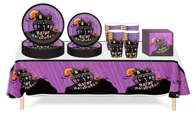 Halloween Party-Set für 16 Gäste, Papiergeschirr mit Tischdecke
