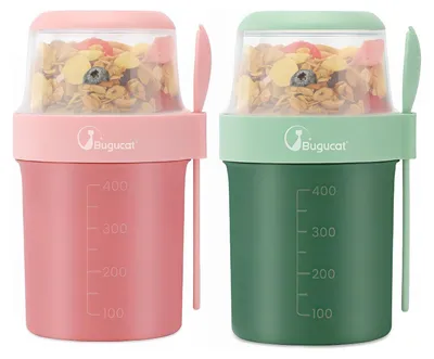 Obrázok produktu pre Bugucat Hrnček na müsli na cesty Sada 2 hrnčekov 560ml+310ml zelená ružová