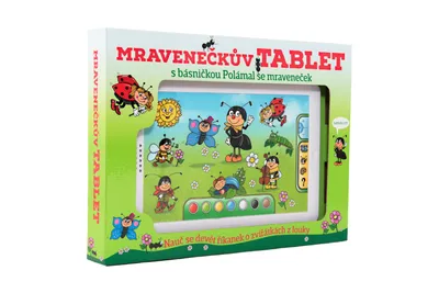 Produktbild von Mravenečeks Tablet aus Kunststoff, 30 x 20 x 2 cm, batteriebetrieben mit Sound, in einer Verpackung von 38 x 28 x 4,5 cm