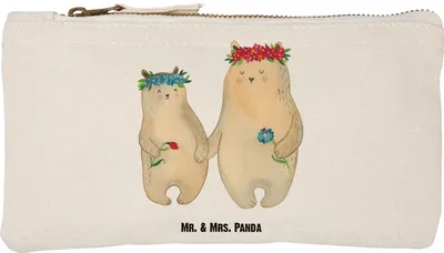 Produktbild von Mr. & Mrs. Panda Kulturbeutel Bären mit Blumenkranz Größe S Klein - Weiß - Geschenk, Mama, Kinder, Kosmetiktasche, Federmappe, Pouch, Muttertag, Bär, Familie