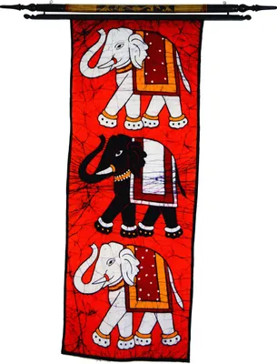 Produktbild von Traditionelles Batikbild aus Nepal, Wandbehang - Elefant/ Orange, Baumwolle, 95*39*0,2 cm, Wandtaschen & Wandbehänge
