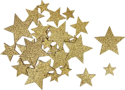 A collection of glittery gold stars scattered on a white background.