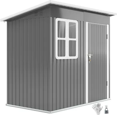 Image de Remise à outils 2,55 m², abri de jardin avec toit en appentis, 221 x 133 x 190/173 cm, remise à outils avec porte verrouillable, fenêtre, garage à vélos, armoire de jardin en acier, pour cour, jardin, gris foncé