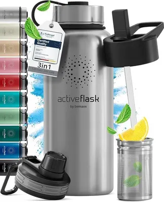 Produktbild von Famanu Trinkflasche Edelstahl mit Trinkhalm - 1 Liter/500ml isolierte Flasche für Sport und Fitness