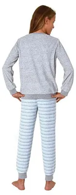 Produktbild von Mädchen Schlafanzug, Frottee Pyjama mit Bündchen und süßem Motiv - Streifenoptik ; hellblau , 164