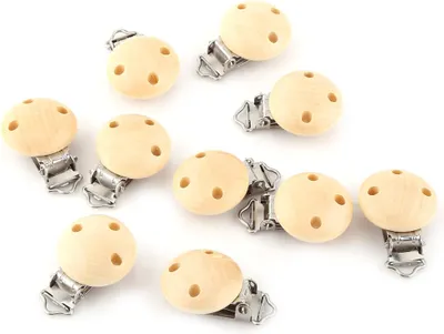 Image de Attache-tétine, attache-sucette, adorable clip rond en bois naturel 3 trous pour bébé