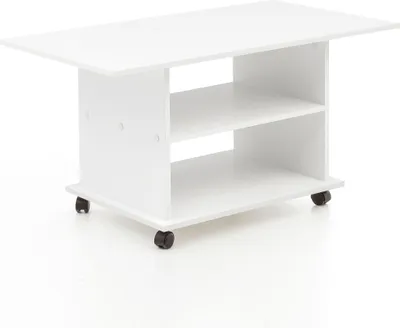 A white coffee table with two shelves and wheels, shown against a white background.