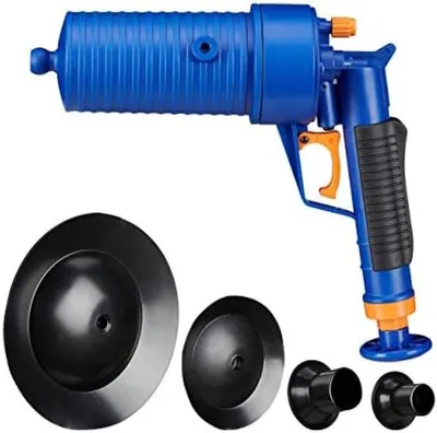 Produktbild von PolkaHome® Druckluft-Abflussreiniger für verstopfte Abflüsse, Bad und Küche, inklusive 4 Aufsätze, Blau