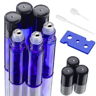 Productafbeelding van Rollonflessen 10 ml - Glazen Flessen - 6 Stuks - Roestvrijstalen Rollonbal - Lekvrije Opening - Inclusief Flesopener/Pipetten - Olieflessen