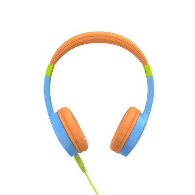 A pair of colorful headphones on a white background.
