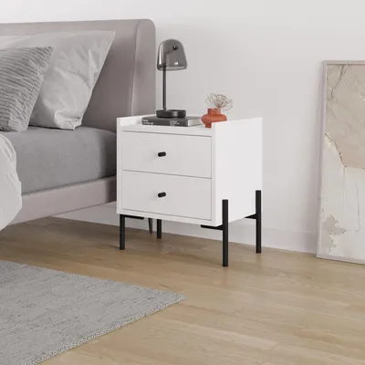 Produktbild von Skye Decor, Hochwertiger Nachttisch, Weiß, 44,9 x 52 x 35 cm | 100% melaminbeschichtete Spanplatte, 18 mm dick | 2 Schubladen, Metallbeine, skandinavisches Design, wandmontierbar.