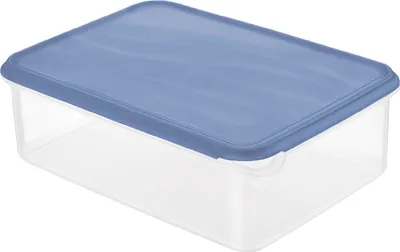 A clear, professional studio shot of a rectangular food storage container with a blue lid.