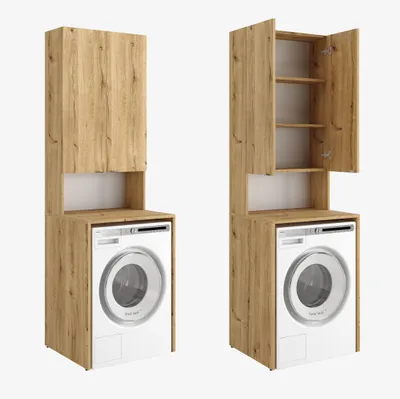 A washing machine cabinet with a washing machine inside, shown from two different angles.