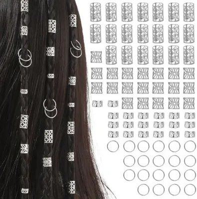 Produktbild von 80 Stück silberner Haarschmuck für Zöpfe und Dreadlocks, Manschetten-Clips und Haarspiralen für Männer, Frauen, Mädchen und Jungen