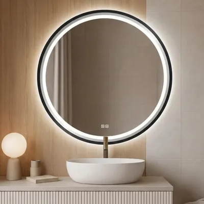 Produktbild von LED Badezimmerspiegel Rund 60 cm – Badspiegel mit LED Beleuchtung, Touch-Schalter, Anti-Beschlag, 3 Lichtfarben, Schwarzer Rahmen – SAVE HOME