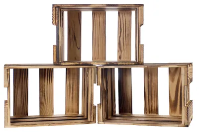 Produktbild von 3x kleine GEFLAMMTE WEINKISTEN /NEU/ 43x23x19cm / besondere Deko durch betonte Holzmaserung