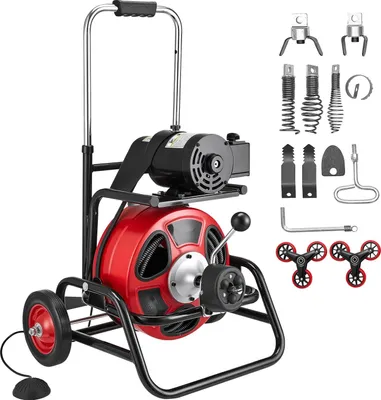Produktbild von Rohrreinigungsmaschine - Elektro-Abflussreiniger 12,7 mm x 30 m - Automatische Zufuhr - Kletterräder - Verstellbare Trommel - Schneidköpfe (8) - Fußschalter - Für Rohr-Ø 50–150 mm