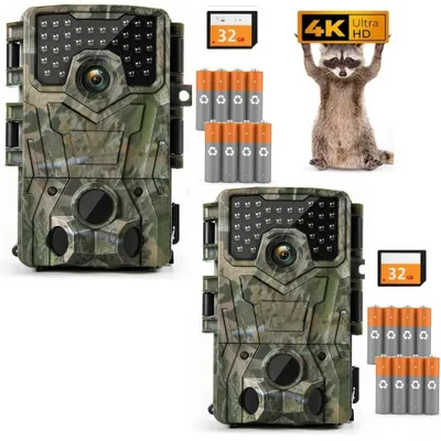 Obrázek produktu pro Kamera na pozorování zvěře 4K, kamera na pozorování divokých zvířat 48 MP, Full HD, s detektorem pohybu, nočním viděním, spouštěcí dobou 0,3 s, infračervená kamera na pozorování zvěře s kartou 32 GB, 2 ks