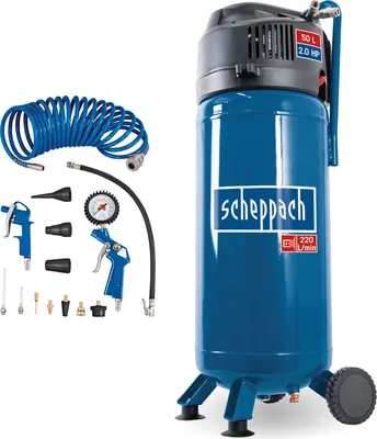 Produktbild von Scheppach Druckluft Kompressor stehend HC51V inkl. 13tlg Zubehörset | 10bar | 50L Kessel | 220 l/min | ölfrei/wartungsarm | 2x Kupplung | 8m Schlauch
