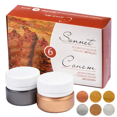 Produktbild von Sonnet Colori Gouache Effetto Metallico Di Alta Qualità (6x20ml) | Set Di Colori A Tempera Gouache In 6 Bellissimi Colori Ad Alta Concentrazione Di Pigmenti Per Ogni Superficie | Da Nevskaya Palitra