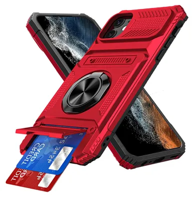 Produktbild von Dual Layer Hülle für iPhone 11 mit Kartenhalter, Magnetische Ring Ständer Militärschutz Stoßfeste Handyhülle Rot