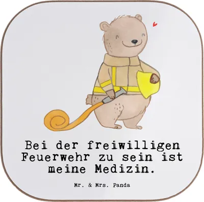 Produktbild von Mr. & Mrs. Panda Untersetzer für Gläser Bär Freiwillige Feuerwehr - Weiß - Geschenk, Glas, Coaster, Tischuntersetzer, Jugendfeuerwehr, Holzuntersetzer, Feuerwehrfest