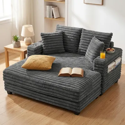 Zdjęcie produktu dla Rozkładana sofa typu chaise longue, 2-osobowa, z uchwytem na kubek, tapicerowana tkaniną cord, z wypełnieniem z sprężyn kieszeniowych, kolor szary | 151 x 134 x 89 cm | grubość wyściółki 25 cm | głębokość siedziska 123 cm