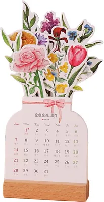 Produktbild von Tischkalender 2024 mit Holzsockel, Cartoon-Thema, Kartentyp, 12 Monate, Januar bis Dezember 2024, Home Office, Schule, monatlicher Tischkalender E