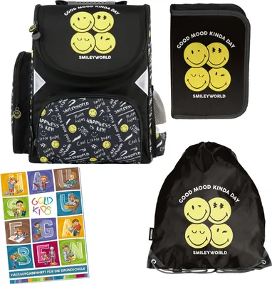 Produktbild von Schulranzen für Jungen und Mädchen, 4er-Set - Schul-Rucksack für Kinder mit Federmäppchen - Schuhbeutel und Hausaufgabenheft - Emoji Motiv