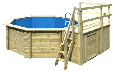 Produktbild von Karibu | Achteck Massivholz Pool 358 x 358 x 124 cm Modell 1C | SET inkl. Sonnenterrasse 96 x 199 cm, Zubehör und Pool Leitern