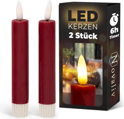 Produktbild von Stabkerzen LED mit Timer ROT 2er indoor mit Timer Funktion 6 Stunden ECHTWACHS 15cm Höhe für Kerzen 2,2cm Durchmesser 2 AAA Batterien LED Stabkerzen flackernde Flamme bewegliche Flamme