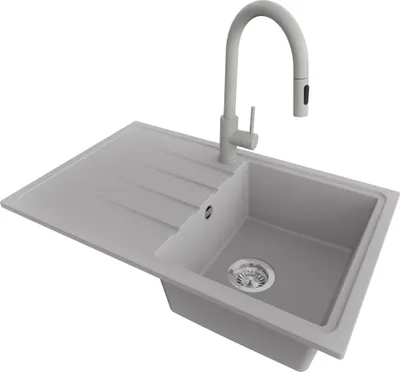 Produktbild von PRIMAGRAN Granitspüle Grau 78x50cm, Spülbecken 1 Becken + Küchenarmatur 40x20cm + Ablauf-Set, Küchenspüle ab 45er Unterschrank - Mailand