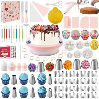 Produktbild von Torten Zubehör Set 301-teiliges, Nifogo Backzubehör, Kuchen Dekorieren Zubehör mit Tortenplatte Drehbar, Spritzbeutel, Spritztüllen Tüllen, Spatel für Anfänger