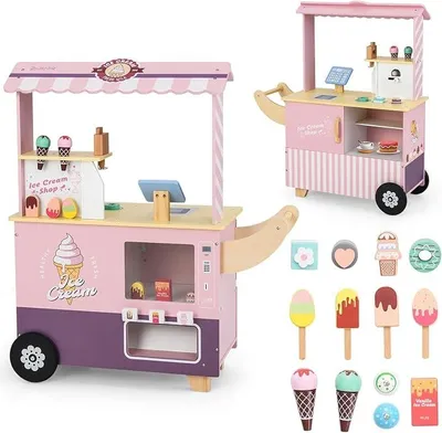 Imagen del producto de Carrito de helados rosa para niños, con 15 accesorios. Tienda de comestibles de madera con máquina de helados, caja registradora, escáner y máquina expendedora. Tienda de comestibles y juego de helados para niños a partir de 3 años