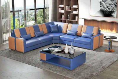 Produktbild von Design Eckgarnitur Ledersofa Ecksofa L Form Couch Sofa Blau Eckcouch