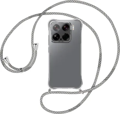 Produktbild von Handykette Backcover-Schutzhülle mit Band (Metall silberfarben) für Xiaomi 15 5G - weiß/grau kariert