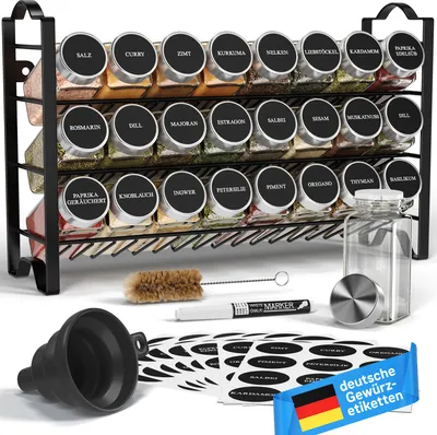 Produktbild von 24er-Set - Deco Haus 3-stufiges Metall Gewürzregal mit 24Gewürzgläser - Gewürzständer, Gewürzdosen, 48 Etiketten, Pinsel, Trichter, Haken - (Schwarz)