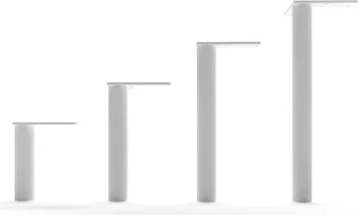Four white furniture legs of increasing height, arranged in a stepped pattern against a white background.