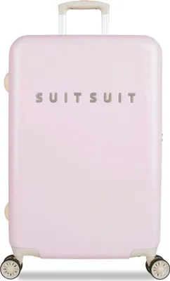 A pink suitcase with the brand name SUITSUIT on the front.