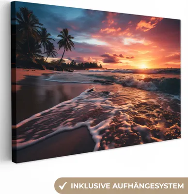 Produktbild von MuchoWow® - Leinwandbilder - Sonnenuntergang - Strand mit Palmen - Meer, Wandbild, Wanddeko Bilder Wohnzimmer, 60x40 cm