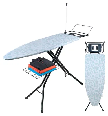 Produktbild von Relaxdays Bügelbrett für Dampfbügeleisen, 123 x 46 cm, höhenverstellbar, klappbar, Bügelstation & Ablage, mint/weiß
