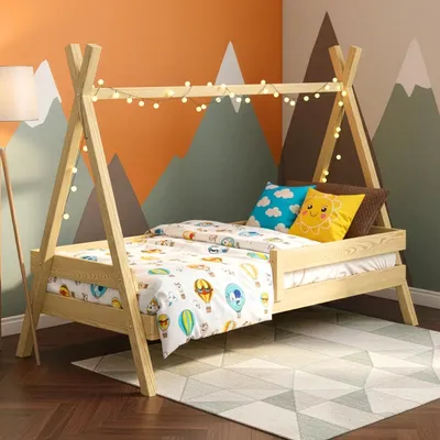 Produktbild von MEBLE WRÓBEL Kinderbett Tipi 90x190 cm | Bett aus Kiefernholz | Hausbett für Mädchen und Jungen | Abgerundete Kanten | Montessori | mit Rausfallschutz