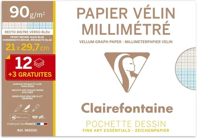 Produktbild von Clairefontaine 96555C - Packung mit 12+3Blatt Milimeterpapier Velin DIN A4 21x297cm, 90g, ideal für technische Zeichnungen, 1 Pack