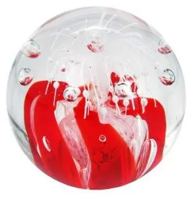 Glas-Droombol Briefbeschwerer, weiße Blume auf Rot, Ø ca. 9,5 cm