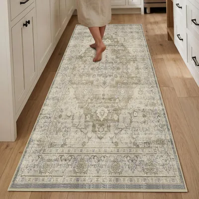 Image de Tapis vintage, 80 x 150 cm, beige, lavable, à poils courts, antidérapant, idéal pour un couloir