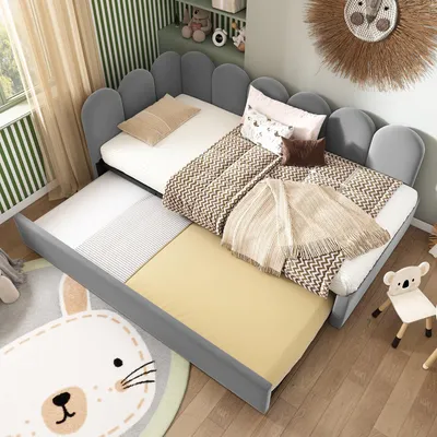 Immagine prodotto di Letto imbottito modello daybed 90x200, trasformabile in divano letto/lettino per bambini, letto estraibile 90x190, rete a doghe, tessuto in velluto, senza materasso. Colore: grigio