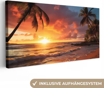 Produktbild von MuchoWow® - Leinwandbilder - Sonnenuntergang - Palmen - Strand - Meer, Wandbild, Wanddeko Bilder Wohnzimmer, 40x20 cm