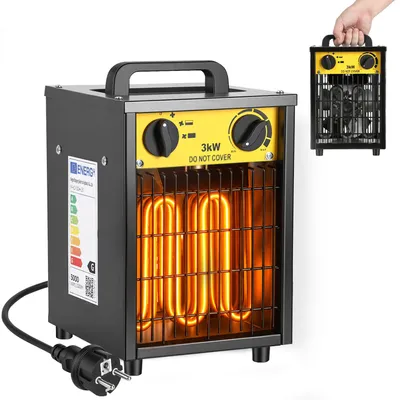 Obrázek produktu pro Elektrický topný ventilátor Vigevee, 3000 W, 3 stupně, termostat do 105 °C, vhodný pro místnosti do cca 30 m², černý a žlutý