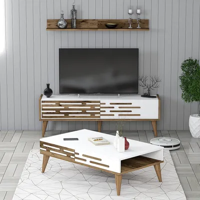 Produktbild von Skye Decor, Valensiya 140 - Walnut, White, Wohnzimmermöbel-Set, Nussbaum, 100 % MELAMINBESCHICHTETE SPANPLATTEN, 140 x 45 x 35 cm
