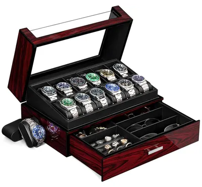 Produktbild von Uhrenbox für Herren, 2 Ebenen, 12 Uhrenfächer, mit Glasdeckel, 34 x 21 x 15 cm